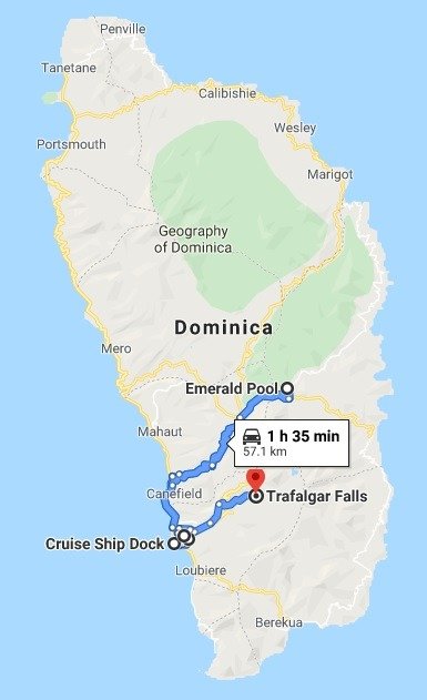 Map showing driving directions to Trafalgar Falls and Emerald Pool from the Dominica Cruise Ship Dock