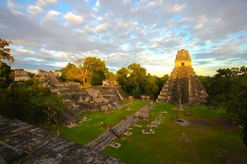 view of TEMPLE I from TEMPLE II in Tikal at sunset