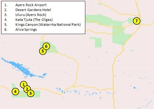 Map of Australia's Red Center with the main attractins