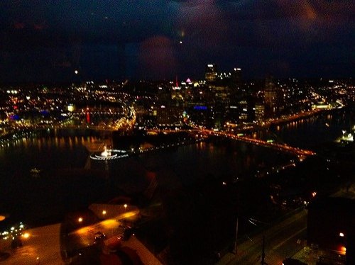 view from MONTEREY BAY FISH GROTTO on Pittsburgh's Golden Triangle at night