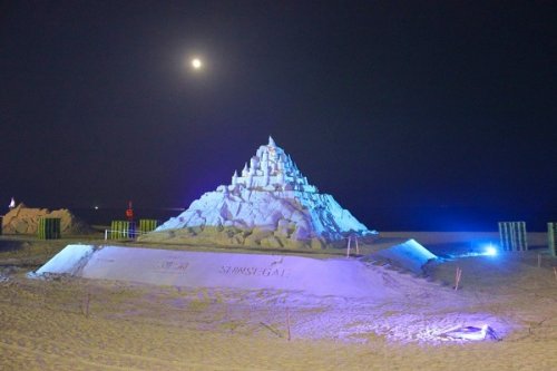 Illuminated Sand Sculpture by Night at Haeundae Beach in Busan, South Korea