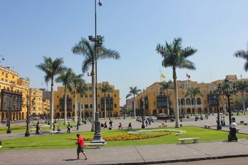 View at the Catedral de Lima and the Museo del Conventro de San Francisco in Lima, Peru