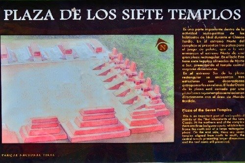 photo of a sign showing am illustration of how PLAZA OF THE SEVEN TEMPLES in Tikal used to look like