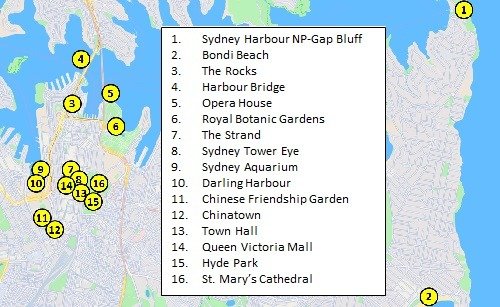 Map with main attractions in Sydney