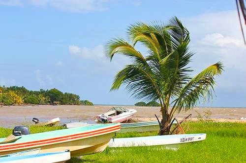 Boats on Land at the mouth of the Monkey River outside Placencia, Belize