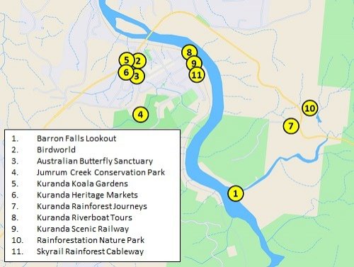 Map with attractions in Kuranda, Australia