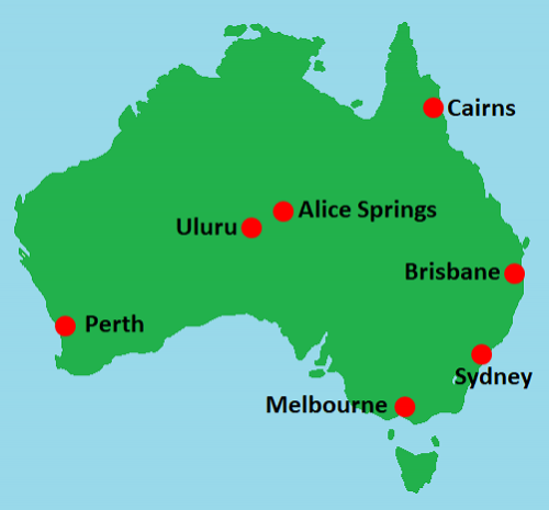 Map of Australia with important cities