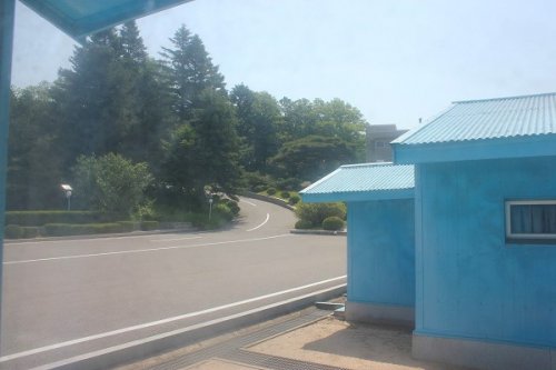 View out of the Military Armistice Commission Conference Room in the JSA in the DMZ, South Korea into North Korea