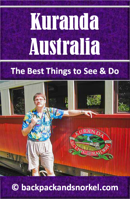 Australia Travel Guide by Backpack & Snorkel showing a passenger rail car of the Kuranda Scenic Railway in Kuranda, Australia