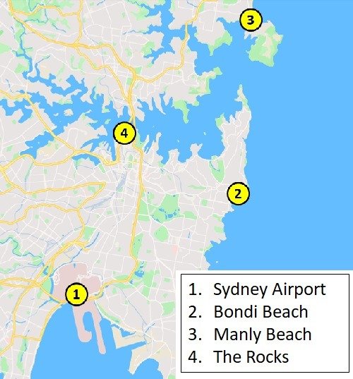 Map with main landmarks in Sydney