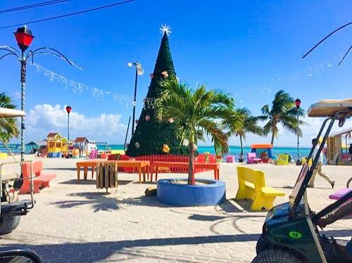 Central Park at Christmas time with a Christmas tree in San Pedro in Ambergris Caye, Belize