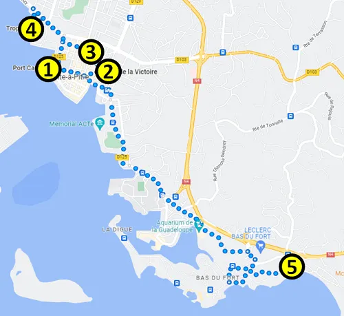 Map of the self-guided tour of Pointe-a-Pitre in Guadeloupe