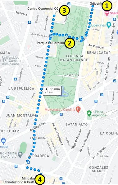 Map of attractions in New Town Quito in Ecuador