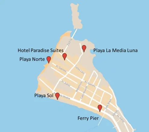 Map showing the best three beaches in Isla Mujeres