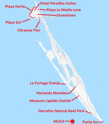 Map of Isla Mujeres showing places to visit