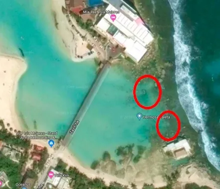 Aerial photo showing the best snorkeling spot near Playa Norte in Isla Mujeres