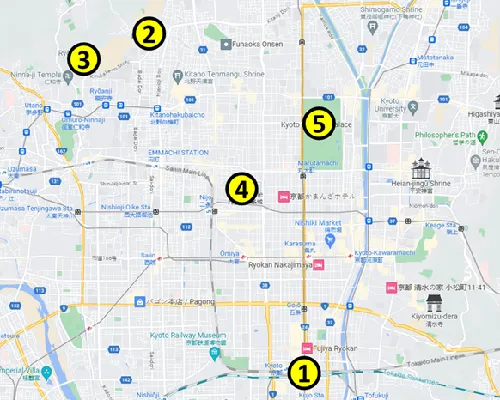 map of the Self-Guided Tour 1 of Kyoto