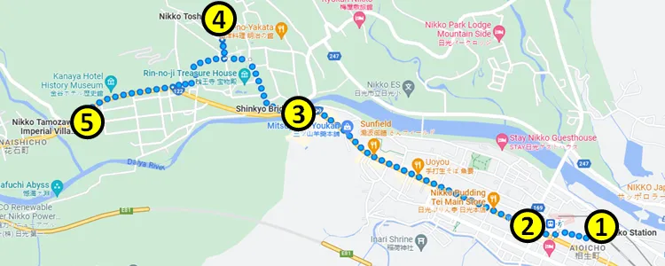 Map of the self-guided walking tour in Nikko