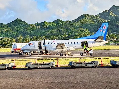 Air Rarotonga plane at the airport in Aitutaki in the Cook Islands