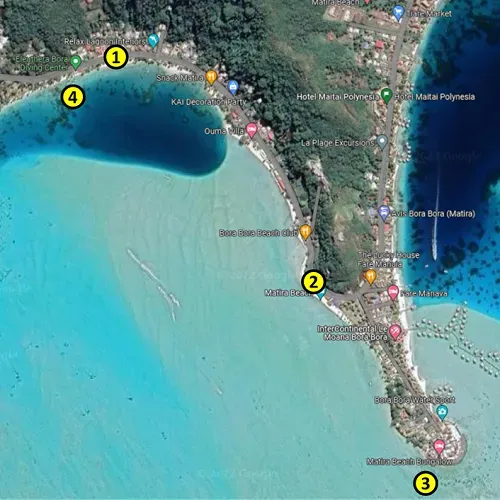 Map of Matira Beach in Bora Bora in French Polynesia showing the best places for sunbathing and the best places for snorkeling