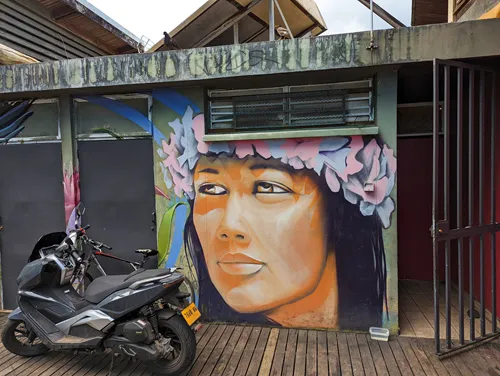 Mural on the cafe at Plage de Taharuu (Papara Beach) in Tahiti in French Polynesia