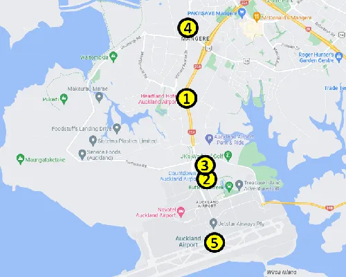 Map showing restaurants and stores near the Heartland Hotel Auckland Airport in New Zealand