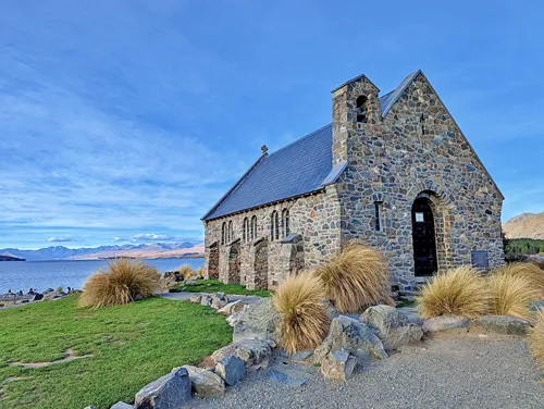 Church of the Good Shepherd with Lake Tekapo in the background in New Zealand