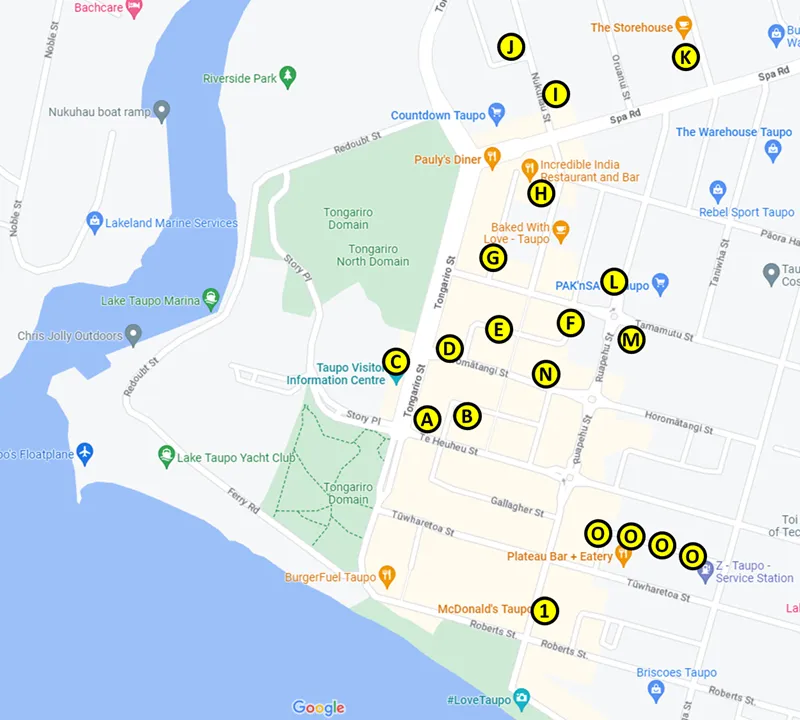 map of the Self-Guided Taupo Murals Walking Tour in New Zealand