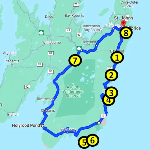 map of the Irish Loop on the Avalon Peninsula in Newfoundland 