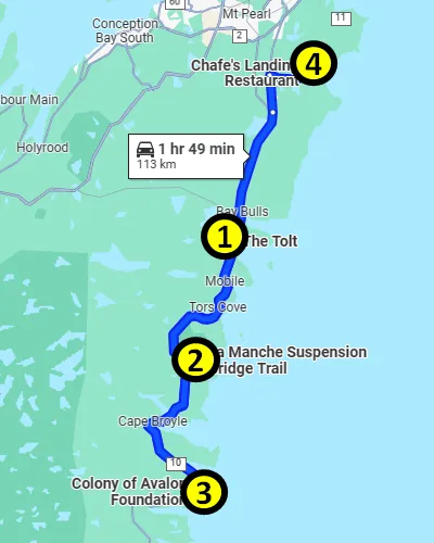 map of the Irish Loop on the Avalon Peninsula in Newfoundland 