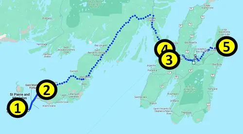 map of self-guided tour from St.Pierre to St. John's in Newfoundland 