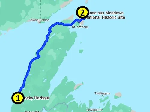 map of self-guided tour of the Great Northern Peninsula of Newfoundland in Newfoundland 