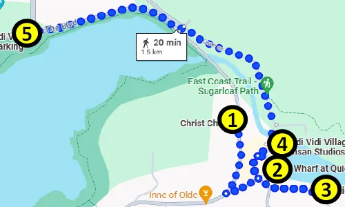 map of the self-guided walking tour of Quidi Vidi in Newfoundland 