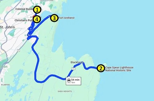 Map of the self-guided tour of St. John's in Newfoundland 