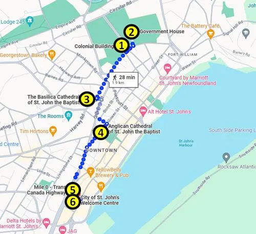 Map of the self-guided tour of St. John's in Newfoundland 