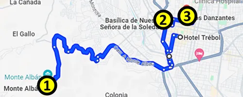 Map of the Self-guided walking tour of Monte Albán the historic district in Oaxaca