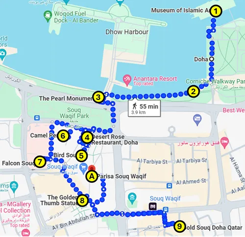 Map of the self-guided tour of Doha in Qatar