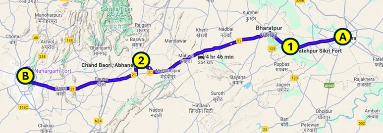 Map of the driveing route from Agra to Jaipur in India with stops at Fatehpur Sikri Fort and Chand Baori Stepwell (Batman Stepwell)