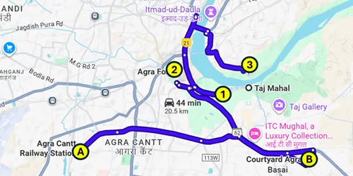 Map of the Backpack and Snorkel Self-Guided Tour of Agra including the Taj Mahal, Agra Fort, and Taj Viewpoint ADA in India