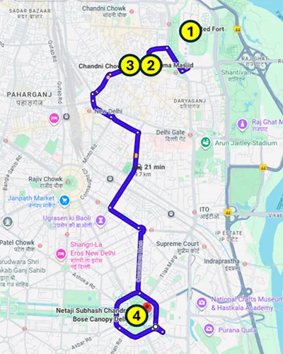 Map of a elf-Guided Tour of Historic Old and New Delhi in India