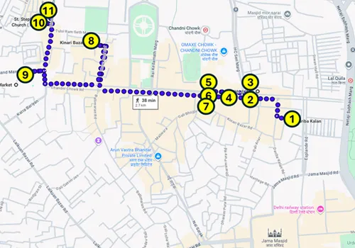 Map of the self-guided walking tour of Chandni Chowk in Delhi in India