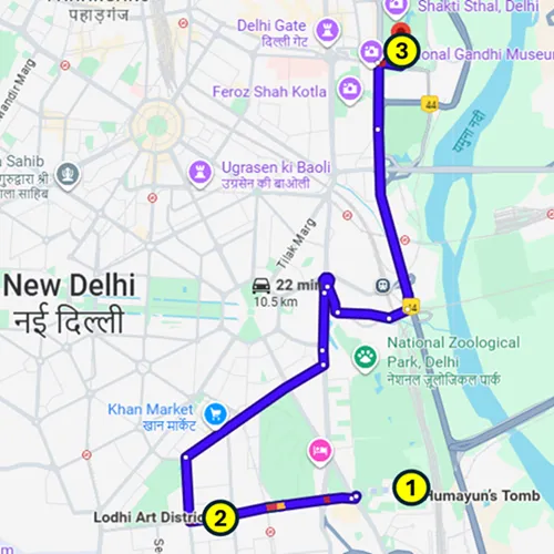 Map of the Backpack and SNorkel Self-Guided Tour of Delhi in India exploring Humayun’s Tomb, Lodhi Art District, and Raj Ghat Memorial