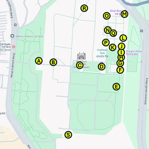 Map of the Self-Guided Walking Tour of the Red Fort (Lal Qila) in Delhi in India
