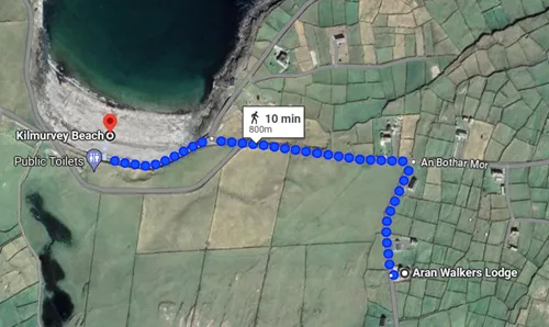 map from Aran Walkers Lodge to Kilmurvey Beach in Inis Mór  in Ireland