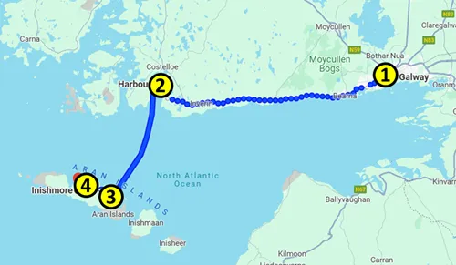 map for a trip from Galway to Inis Mór in the Aran Islands in Ireland