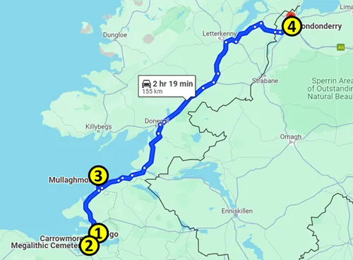 map for the drive from Sligo to Derry in Northern Ireland