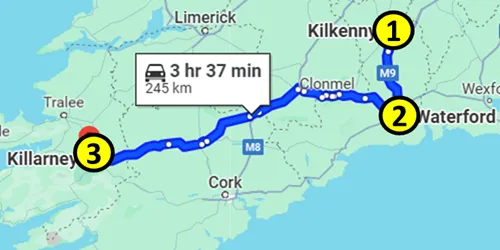 map of the highlights between Kilkenny and Killarney in Ireland