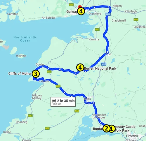 map for the highlights between Bunratty and Galway in Ireland