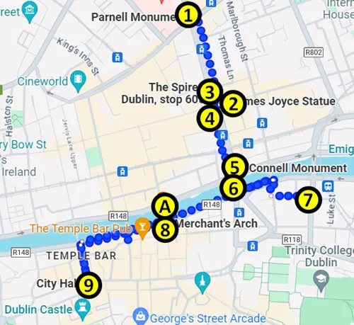 Map of a Self-Guided Walking Tour of Dublin in Ireland