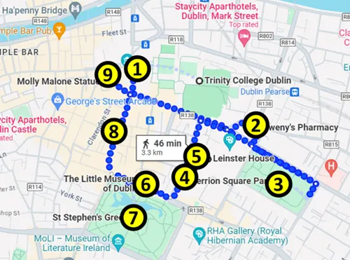 Map for a Self-Guided Tour of Dublin in Ireland